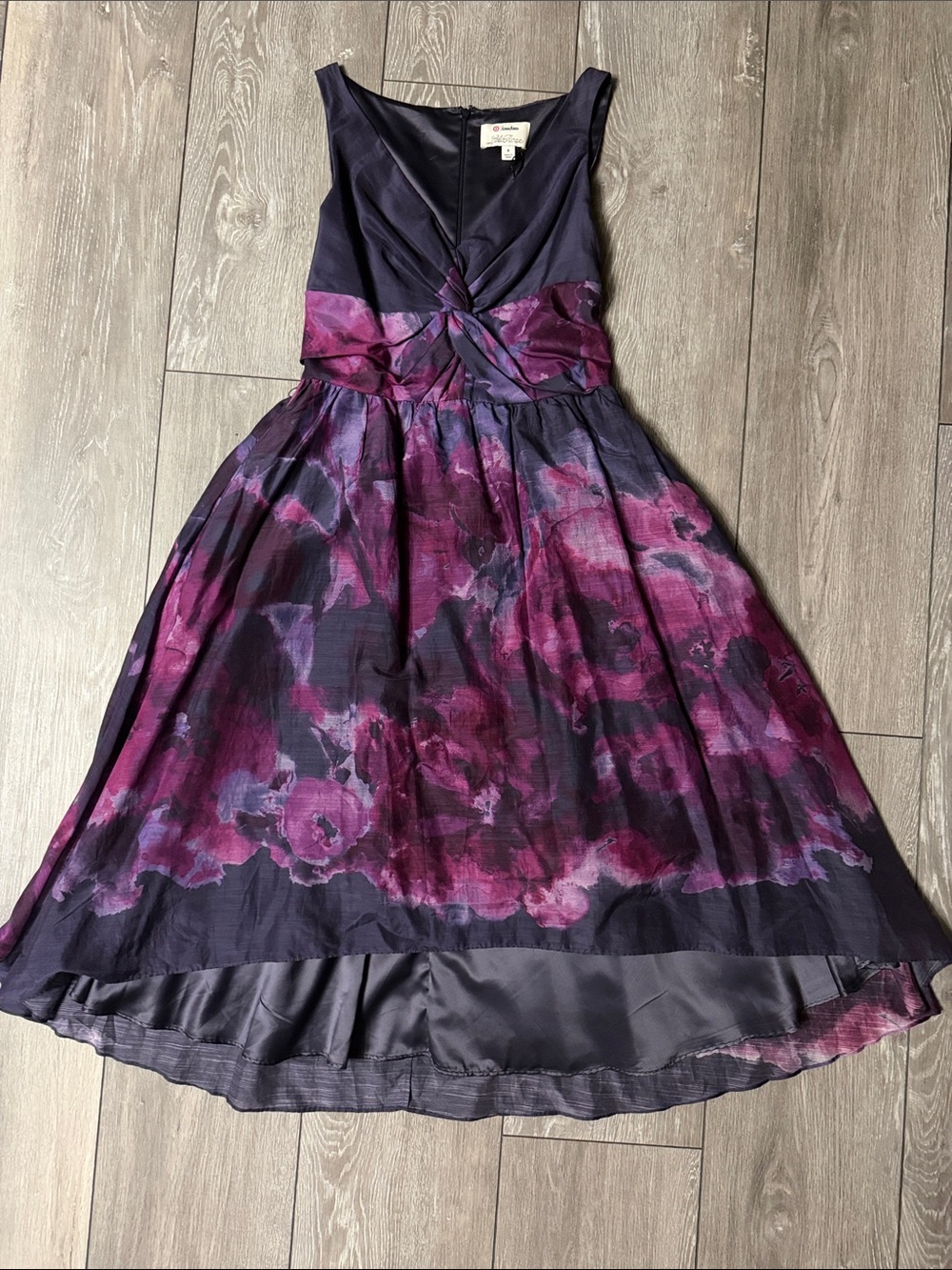 Lela Rose Navy and Magenta Floral Twist-Waist Party Dress